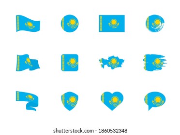 Kazakhstan flag - flat collection. Flags of different shaped twelve flat icons. Vector illustration set