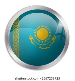 Kazakhstan flag - glossy circle button displays a colorful flag representing a country cultural identity and heritage. The essence of national pride and unity.