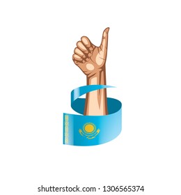 Kazakhstan flag and hand on white background. Vector illustration