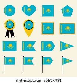 Kasachstan Flaggensymbol in 16 Formversionen eingestellt. Sammlung von Kasachstans Flaggensymbole mit Quadrat, Kreis, Herz, Dreieck, Medaille, Stempel und Ortsformen.