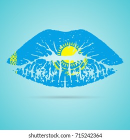 Kazakhstan Flag Lipstick On The Lips Isolated On A White Background. Vector Illustration. Kiss Mark In Official Colors And Proportions. Independence Day