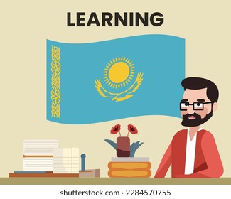 Kazakhstan flag with a male teacher, learning or teaching Kazakhstan language, bearded man with glasses and country flag vector design, language school concept