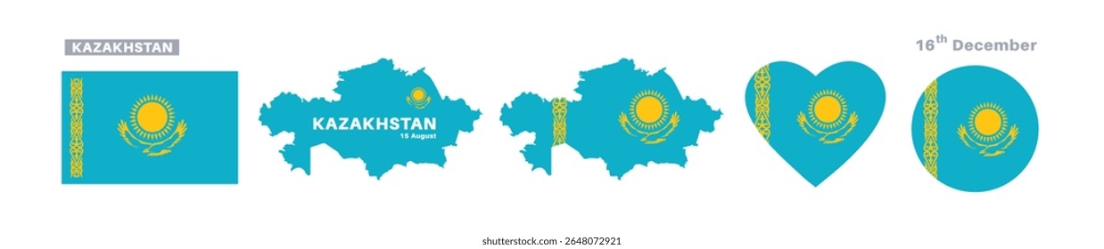 kazakhstan flag and map set. kazakhstan flag in official colors and proportions. independence day 16 december, map, circle and heart shaped kazakhstan	