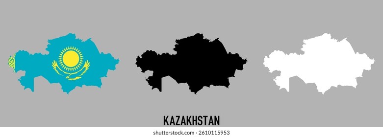 Kazakhstan flag and map shape black and gray color.