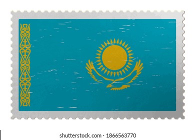 Kazakhstan flag on shabby postage stamp, vector