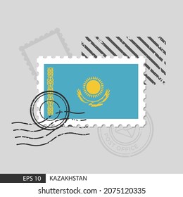 Sello postal de la bandera de Kazajistán. Ilustración vectorial aislada en el fondo de la estampilla postiza gris y especificar es eps10 vector.