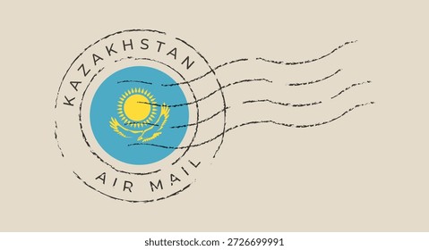 Carimbo postal da bandeira do Cazaquistão Representando o correio aéreo internacional em um cartão postal de viagem vintage com uma textura grunge nostálgica.