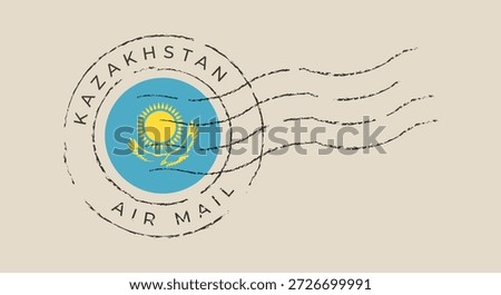 Kazakhstan Flag Postal Stamp Representing International Air Mail on a Vintage Travel Postcard with a Nostalgic Grunge Texture..