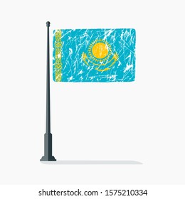 Kazakhstan flag with scratches on flagpole with shadow in vector