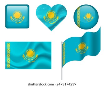 Kazakhstan flag set of icons. Vector flag of Kazakhstan, symbol. Set of Kazakhstan flags button, waved, heart.