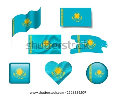 Kazakhstan flag set of icons. Vector flag of Kazakhstan, symbol. Set of Kazakhstan flags button, waved, heart.