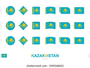 Kazakhstan flag set, simple flags of Kazakhstan with three different effects. Vector illustration.
