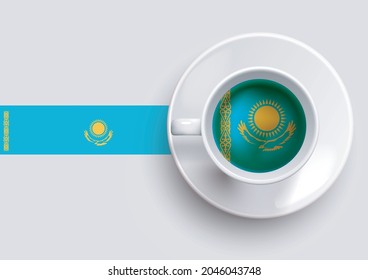 Kazakhstan flag with a tasty coffee cup on top view and a gradient background. Hot beverage with Kazakhstan flag, vector illustration.