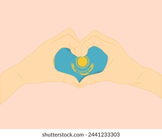 Kazakhstan flag with two hands heart shape, express love or affection concept, support or donate to Kazakhstan, hand heart love sign, vector design, patriotism and nationalism idea