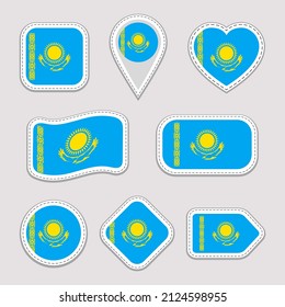 Kazakhstan Flag Vector Stickers Set. Different Geometric Shapes. Flat Style. Kazakh Flags Collection. Can Use For Sports, National, Travel, Geographic Design Elements. Isolated Icons.
