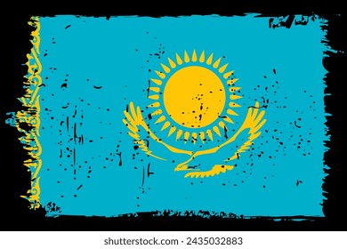 Bandera de Kazajistán - bandera vectorial con efecto de rasguño elegante y marco de grunge negro.