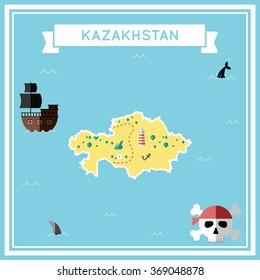 Kazakhstan flat treasure map. Colorful cartoon treasure map of Kazakhstan with flat icons of pirate ship, jolly roger, treasure chest and banner ribbon. Flat design vector illustration.