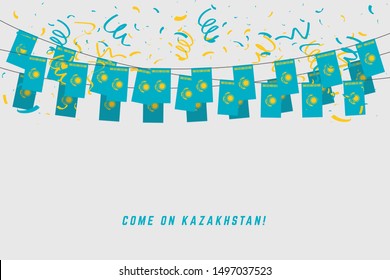 Kazakhstan garland flag with confetti on white background, Hang bunting for Kazakhstan celebration template banner.