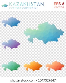 Kazakhstan geometric polygonal, mosaic style country maps collection. Noteworthy low poly style, modern design for infographics or presentations.