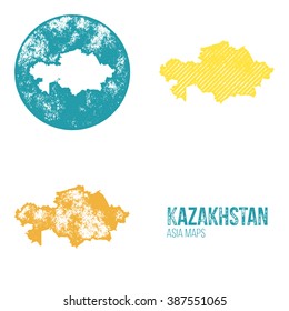 Kazakhstan Grunge Retro Maps - Asia - Three silhouettes Kazakhstan maps with different unique letterpress vector textures - Infographic and geography resource