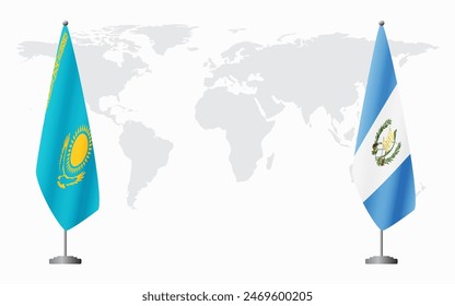 Kazakhstan and Guatemala flags for official meeting against background of world map.