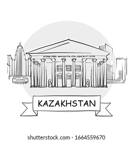 Kazakhstan Hand-Drawn Urban Vector Sign. Black Line Art Illustration with Ribbon and Title.