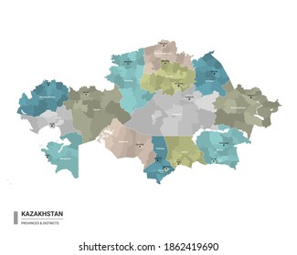 Kazakhstan higt detailed map with subdivisions. Administrative map of Kazakhstan with districts and cities name, colored by states and administrative districts. Vector illustration.