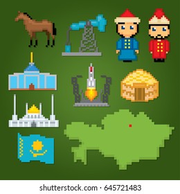 Kazakhstan icons set. Pixel art. Old school computer graphic style. Games elements.