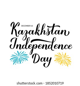 Kazakhstan Independence Day calligraphy hand lettering with fireworks. National holiday celebrate on December 16. Vector template for typography poster banner, flyer, sticker, greeting card, etc.