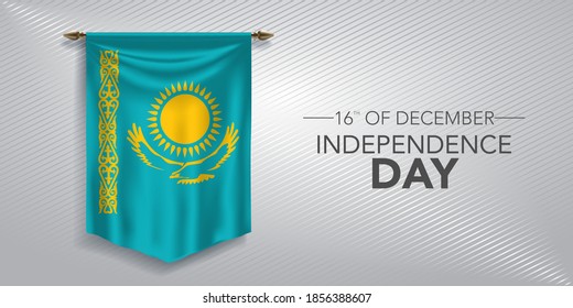 Kazakhstan independence day greeting card, banner, vector illustration. Kazakh national day 16th of December background with pennant