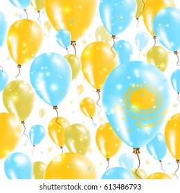 Kazakhstan Independence Day Seamless Pattern. Flying Rubber Balloons in Colors of the Kazakhstani Flag. Happy Kazakhstan Day Patriotic Card with Balloons, Stars and Sparkles.