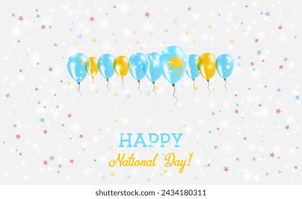 Kazakhstan Independence Day Sparkling Patriotic Poster. Row of Balloons in Colors of the Kazakhstani Flag. Greeting Card with National Flags, Confetti and Stars.