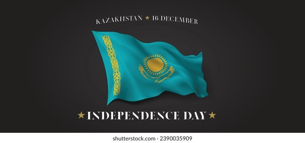 Kazakhstan independence day vector banner, greeting card. Kazakh wavy flag in 16th of December patriotic holiday horizontal design with realistic flag