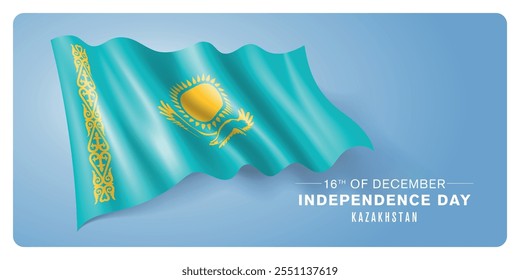 Kazakhstan independence day vector banner, greeting card. Kazakh wavy flag in 16th of December patriotic holiday horizontal design with realistic flag