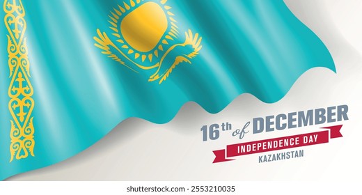 Kazakhstan independence day vector banner, greeting card. Kazakh wavy flag in 16th of December national patriotic holiday horizontal design