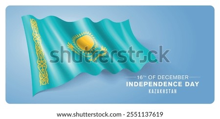 Kazakhstan independence day vector banner, greeting card. Kazakh wavy flag in 16th of December patriotic holiday horizontal design with realistic flag