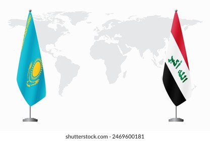 Kazakhstan and Iraq flags for official meeting against background of world map.