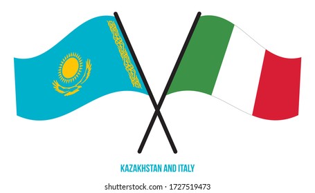Kazakhstan and Italy Flags Crossed And Waving Flat Style. Official Proportion. Correct Colors.