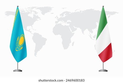 Kazakhstan and Italy flags for official meeting against background of world map.