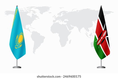Kazakhstan and Kenya flags for official meeting against background of world map.