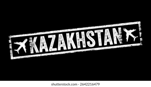 Kazakhstan - is a landlocked country mostly in Central Asia, with a part in Eastern Europe, text emblem stamp with airplane