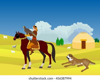 Kazakhstan landscape, horsemen with eagle hunter, dog