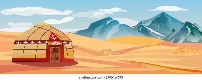 Kazakhstan landscape, jurt in the desert, mountains in the horizon, vector landscape