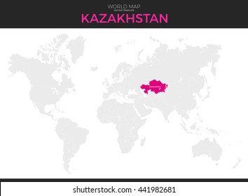 Kazakhstan location modern detailed vector map. All world countries without names. Vector template of beautiful flat grayscale map design with selected country and border location