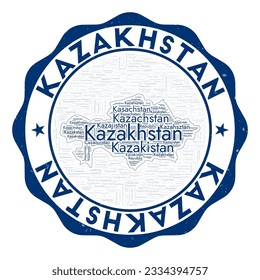 Kazakhstan logo. Attractive country badge with word cloud in shape of Kazakhstan. Round emblem with country name. Authentic vector illustration.