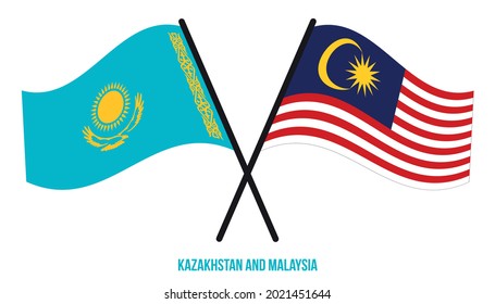 Kazakhstan and Malaysia Flags Crossed And Waving Flat Style. Official Proportion. Correct Colors.