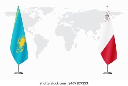 Kazakhstan and Malta flags for official meeting against background of world map.