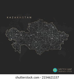 Kasachstan kartografiert abstraktes geometrisches Mesh-Polygonlichtkonzept mit schwarz-weißer Konturlinie und Punkten auf dunklem Hintergrund. Vektorgrafik