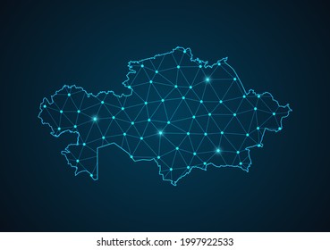 Kazakhstan map Abstract mash line and point scales on dark background. Wire Frame 3D mesh polygonal network line. Network line, design sphere, dot and structure vector