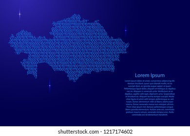Kazakhstan map abstract schematic from blue ones and zeros binary digital code with space stars for banner, poster, greeting card. Vector illustration.